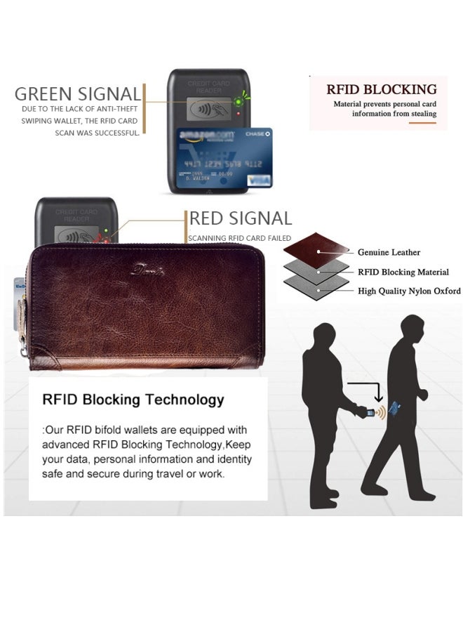 دانتي حقيبة يد رجالية بفرشاة RFID مضادة للسرقة ومحفظة طويلة من جلد البقر من الطبقة الأولى باللون البني - Image 3
