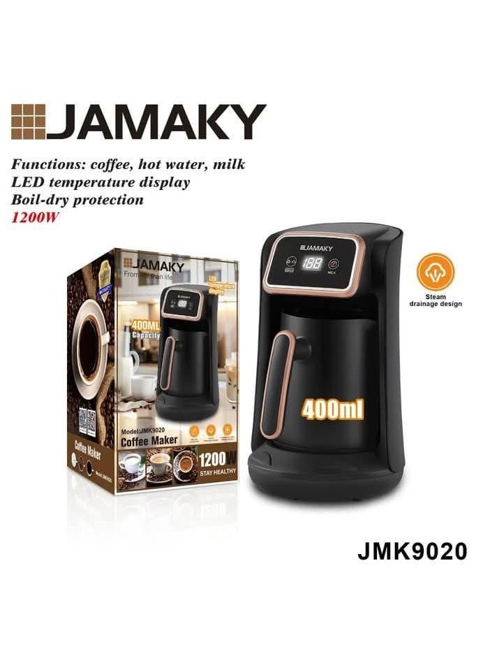 Jamaky Italy صانعة القهوة متعددة الوظائف JAMAKY JMK9020 – 3 في 1 (قهوة، حليب، ماء ساخن) – شاشة LED، حماية من الجفاف – سعة 400 مل، قوة 1200 واط بضمان سنه ايطالي 