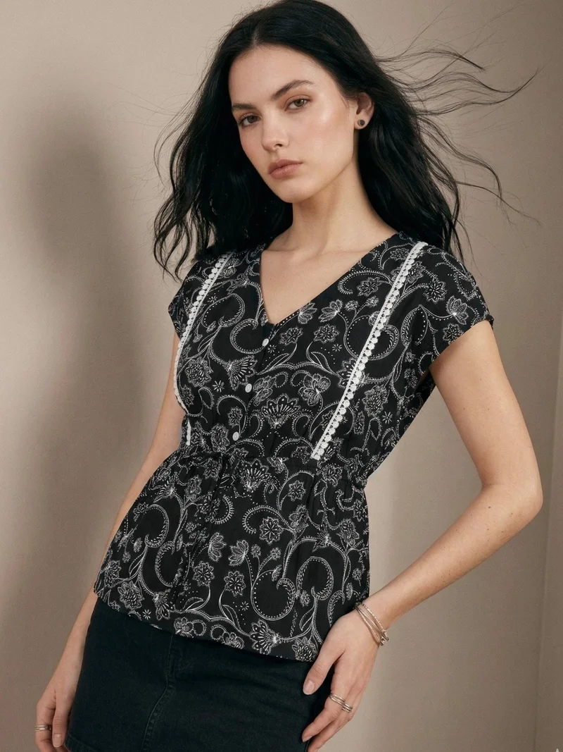 أوجيدر Black Floral Print Top