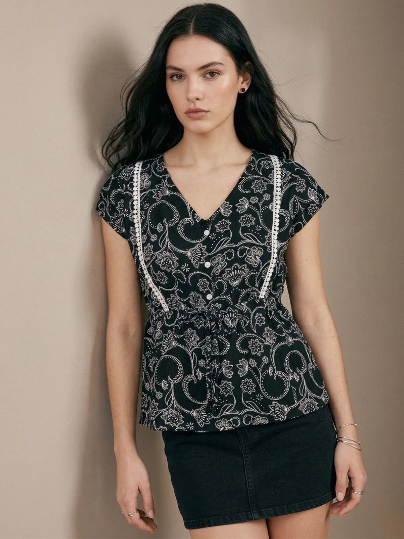 أوجيدر Black Floral Print Top