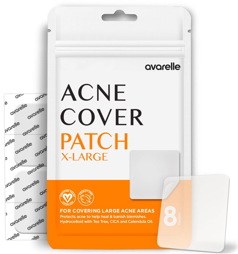 AVARELLE Acne Patches XL, Acne Cover Patch Large | Pimple Patches for Face Cheek & Nose (8 Count) | Large Hydrocolloid Acne Treatment with Tea Tree, Calendula, & Cica - Image 1