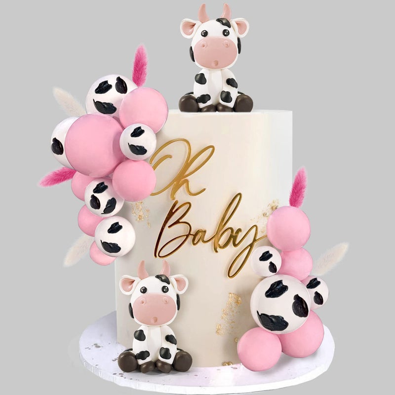KEEPARTY Cow & Ball Cake Toppers  26pcs  Farm Animal Themed  Clay  Pink and White  for Baby Shower  Birthday  Girls and Boys Party Supplies - Image 1