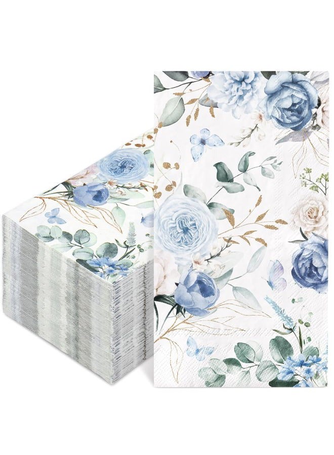AnyDesign 100Pcs Floral Guest Napkin Watercolor Blue Flower Butterfly Disposable Napkin Hand Towel Paper Napkins for Bathroom Spring Wedding Birthday Party Supplies Table Decor - Image 1