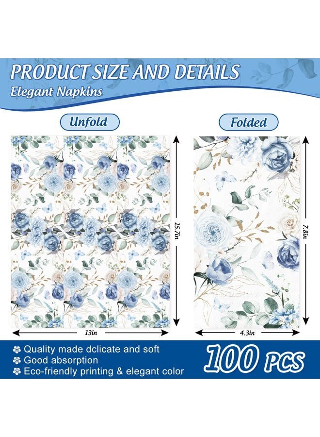 AnyDesign 100Pcs Floral Guest Napkin Watercolor Blue Flower Butterfly Disposable Napkin Hand Towel Paper Napkins for Bathroom Spring Wedding Birthday Party Supplies Table Decor - Image 2