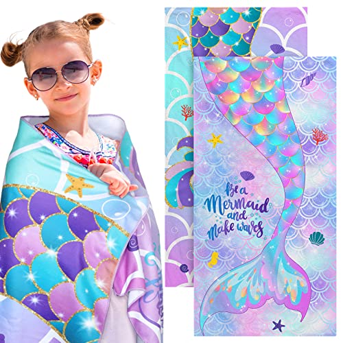 Yahenda 2 Packs Mermaid Beach Towel for Kids Quick Dry Beach Swimming Bath Pool Towel for Kids Girls Travel Shower Swimming Camping 28 x 55 Inch
