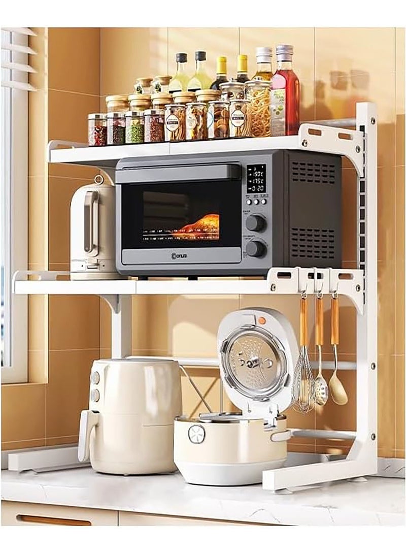 AUTOYSUR Expandable And Height Adjustable Metal Microwave Oven Rack, Microwave Stand, Pots Pans Organizer with 6 Hooks, Chopping Board Holder, Knife Holder, Chopstick Holder Adjustable Expandable for Kitchen Storage (White, 3 Tier)  - Image 1