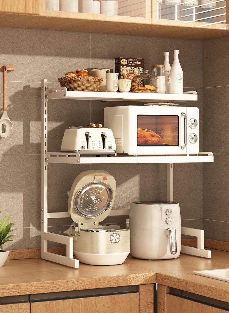 AUTOYSUR Expandable And Height Adjustable Metal Microwave Oven Rack, Microwave Stand, Pots Pans Organizer with 6 Hooks, Chopping Board Holder, Knife Holder, Chopstick Holder Adjustable Expandable for Kitchen Storage (White, 3 Tier)  - Image 2