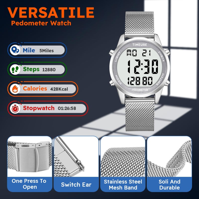 TIMEURE Men's Pedometer Watch with Stainless Steel Bracelet,Step Counter Watch No App, No Charging Needed for Ourdoor Walking, Calorie, Distance, Alarm, Countdown Timer Watch TU-2306B TIMEURE (Silver) - Image 3