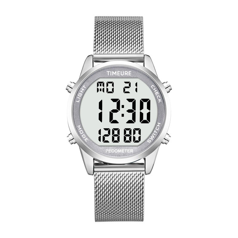 TIMEURE Men's Pedometer Watch with Stainless Steel Bracelet,Step Counter Watch No App, No Charging Needed for Ourdoor Walking, Calorie, Distance, Alarm, Countdown Timer Watch TU-2306B TIMEURE (Silver) - Image 1
