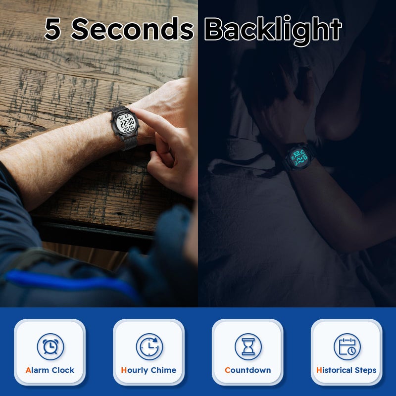 TIMEURE Men's Pedometer Watch with Stainless Steel Bracelet,Step Counter Watch No App, No Charging Needed for Ourdoor Walking, Calorie, Distance, Alarm, Countdown Timer Watch TU-2306B TIMEURE (Silver) - Image 4