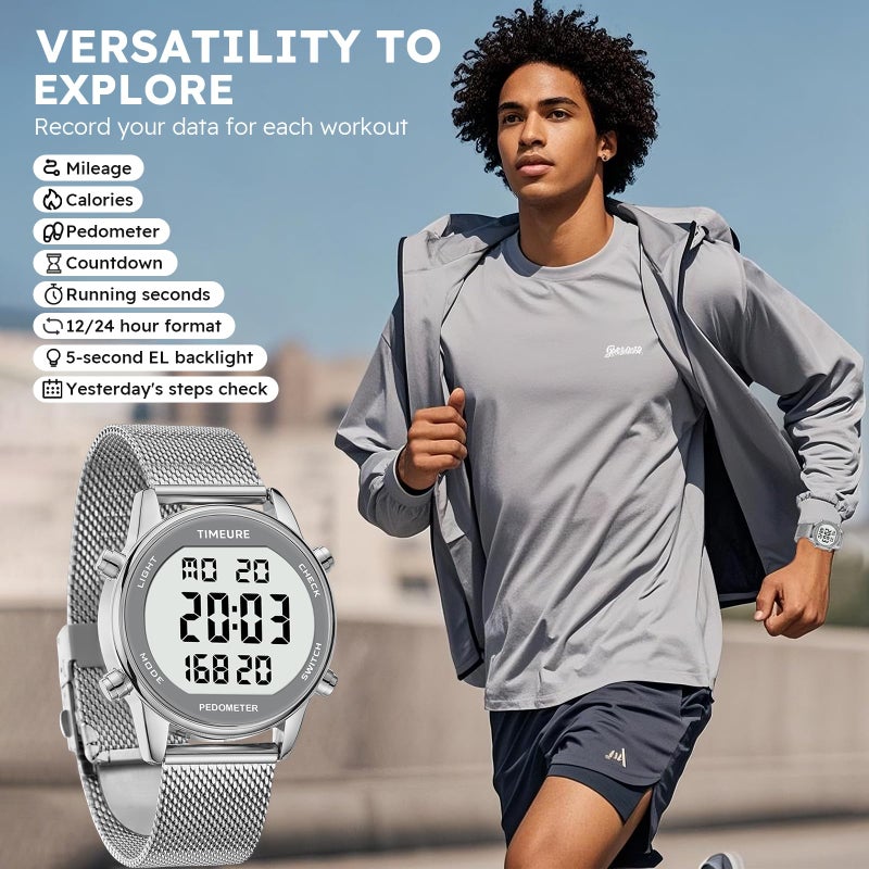 TIMEURE Men's Pedometer Watch with Stainless Steel Bracelet,Step Counter Watch No App, No Charging Needed for Ourdoor Walking, Calorie, Distance, Alarm, Countdown Timer Watch TU-2306B TIMEURE (Silver) - Image 2
