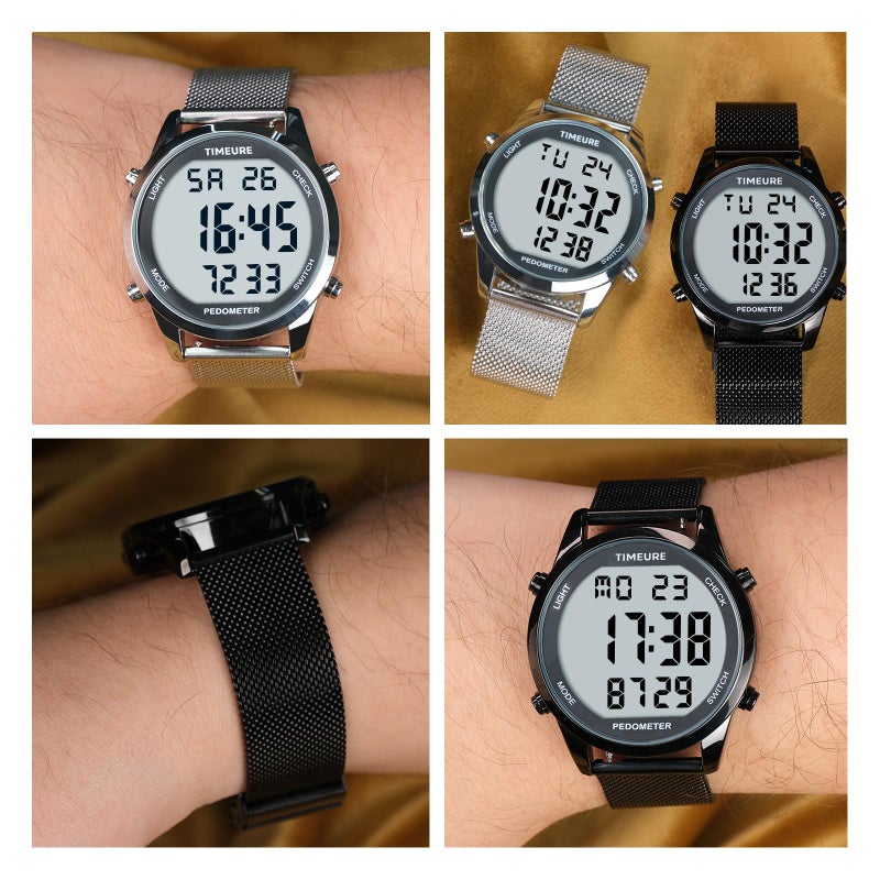 TIMEURE Men's Pedometer Watch with Stainless Steel Bracelet,Step Counter Watch No App, No Charging Needed for Ourdoor Walking, Calorie, Distance, Alarm, Countdown Timer Watch TU-2306B TIMEURE (Silver) - Image 5