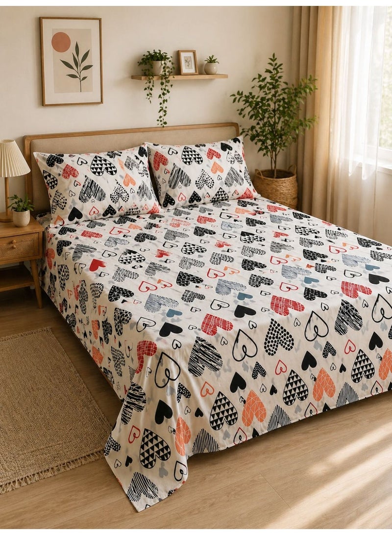 إي وورلد طقم شرشف سرير مسطح 3 قطع من Eworld، تصميم قلوب هندسية، قطن 100%، 125 GSM، 1 شرشف مسطح + 2 غطاء وسادة – متوفر بمقاسات كينج، كوين، وسينجل - Image 1