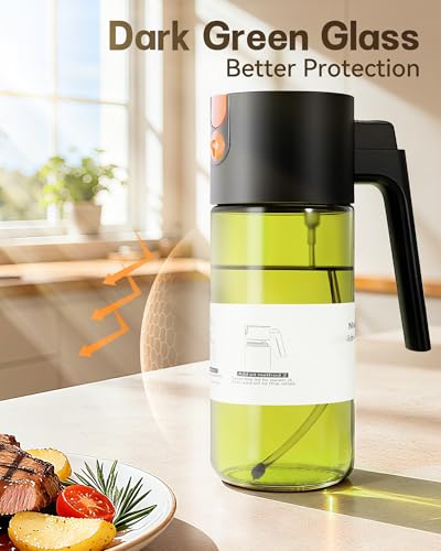 OURCABECUE Upgrade 2 in 1 Oil Sprayer for Cooking, 17oz Light-Blocking Glass Olive Oil Dispenser Bottle for Kitchen, Food-Grade Oil Mister with 8 Stickers for Salad, Frying (Green Bottle-Black Gap) - Image 5
