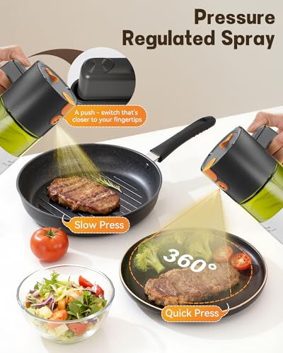 OURCABECUE Upgrade 2 in 1 Oil Sprayer for Cooking, 17oz Light-Blocking Glass Olive Oil Dispenser Bottle for Kitchen, Food-Grade Oil Mister with 8 Stickers for Salad, Frying (Green Bottle-Black Gap) - Image 3