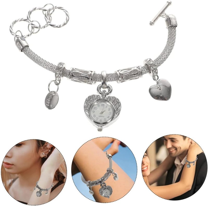 Excefore Crystal Heart Charm Bracelet Watch for Women, Silver Alloy Cuff Bracelet, Women's Charm Bangle Watch - Image 2