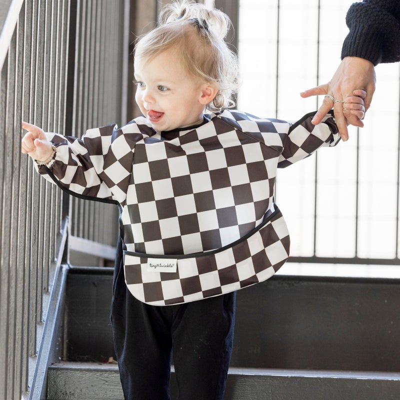 Tiny Twinkle Long Sleeve Bib for Babies & Toddlers | Waterproof Smock Bib for Eating | Machine Washable & Mess-Proof Feeding Essentials | Newborn Shower Gift (Checkers Black, 6â€“24M) - Image 3