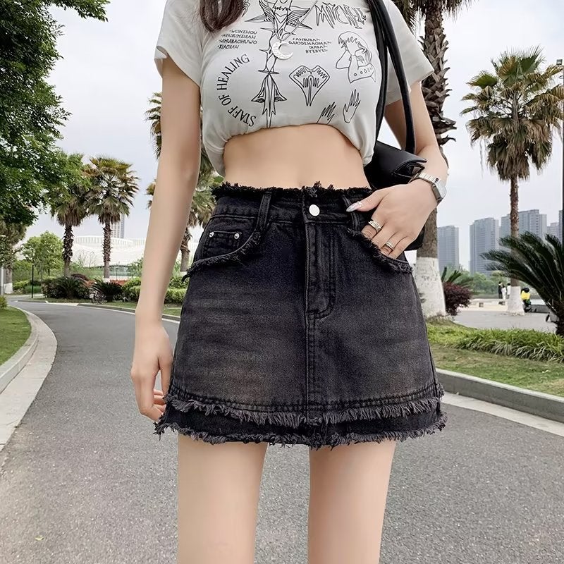 Hot girl tassel Denim skirt women's summer small A- line skirt high waist retro anti-exposure sheath skirt - Image 3