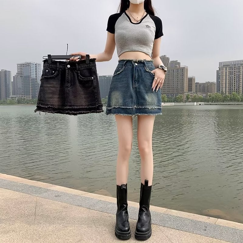 Hot girl tassel Denim skirt women's summer small A- line skirt high waist retro anti-exposure sheath skirt - Image 2
