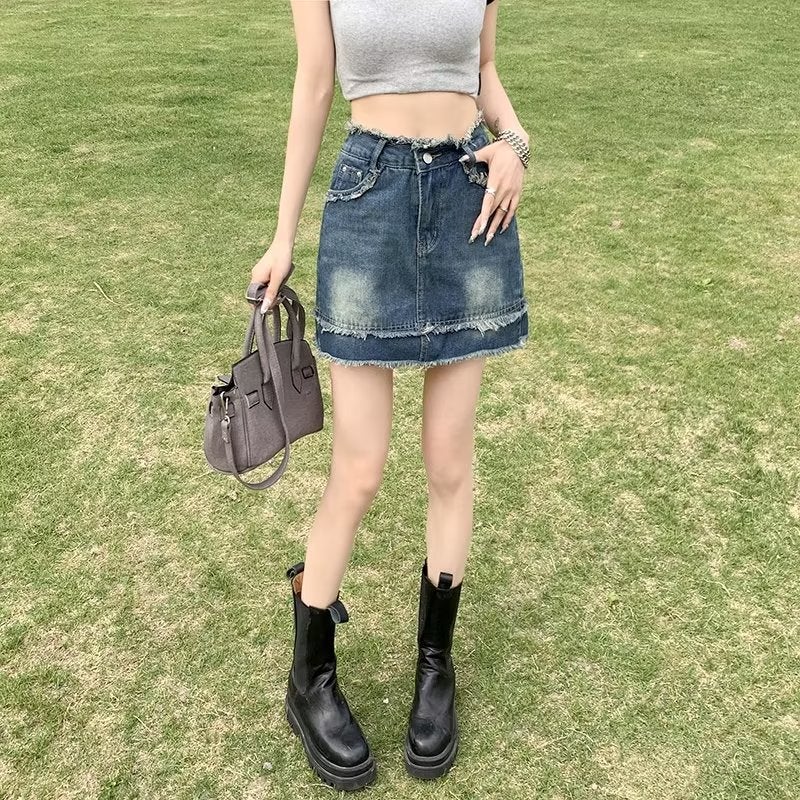 Hot girl tassel Denim skirt women's summer small A- line skirt high waist retro anti-exposure sheath skirt - Image 1