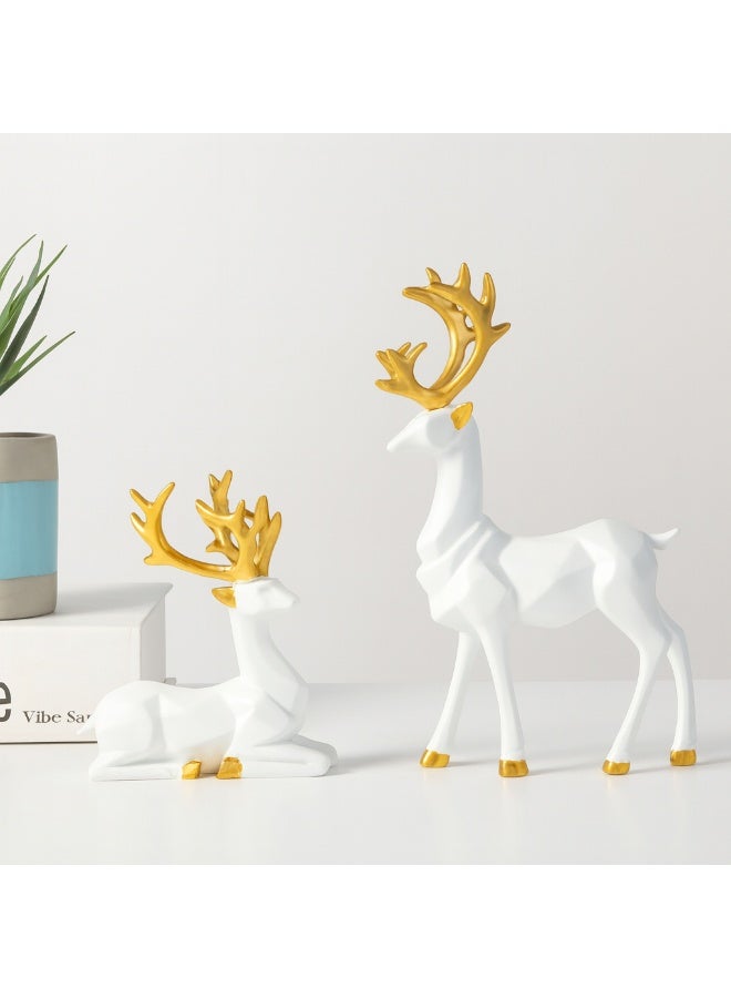 Beram White and Golden Crown Reindeer Figure Large & Small Size Modern Geometric Christmas Deer Statue  Elegant White Resin Reindeer Décor with Gold Antlers  Luxury Holiday Home Ornament