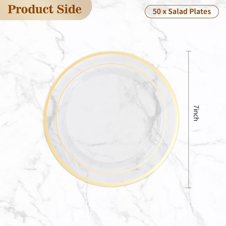 BESTVIP 50PCS Clear Gold Plastic Plate  7 Inch Disposable Dessert Plate Party with Gold Rim  Heavy Duty Disposable Plastic Plates for Party  Wedding and Birthday - Image 2