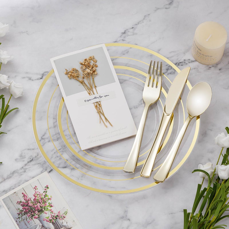 BESTVIP 50PCS Clear Gold Plastic Plate  7 Inch Disposable Dessert Plate Party with Gold Rim  Heavy Duty Disposable Plastic Plates for Party  Wedding and Birthday - Image 3