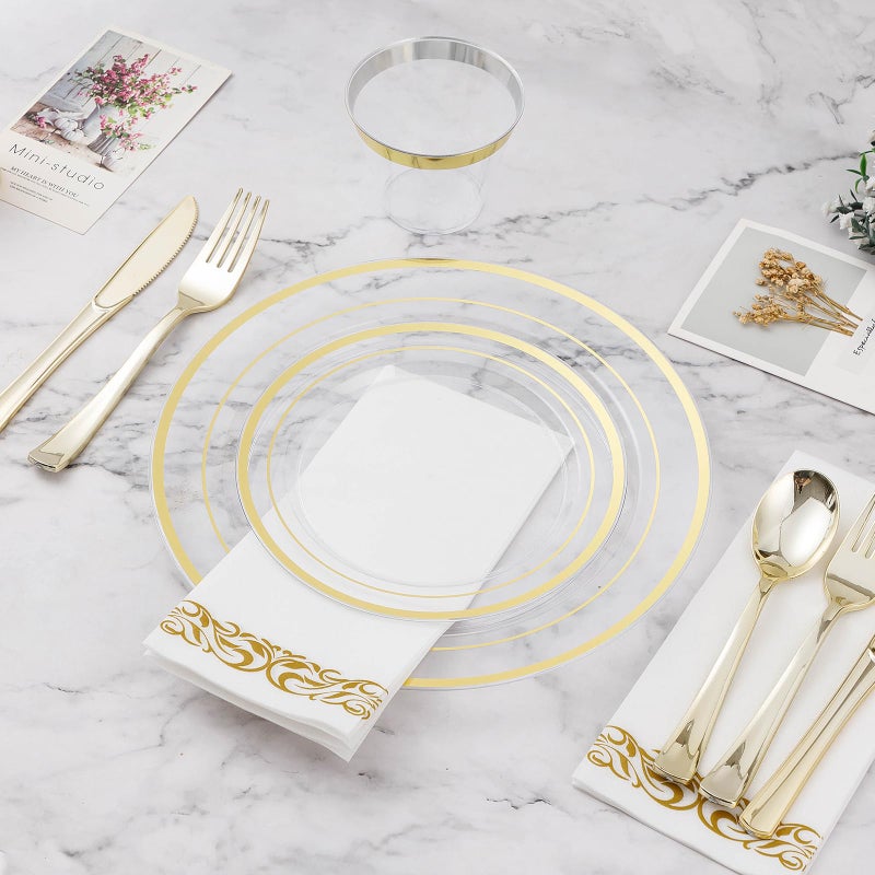 BESTVIP 50PCS Clear Gold Plastic Plate  7 Inch Disposable Dessert Plate Party with Gold Rim  Heavy Duty Disposable Plastic Plates for Party  Wedding and Birthday - Image 4