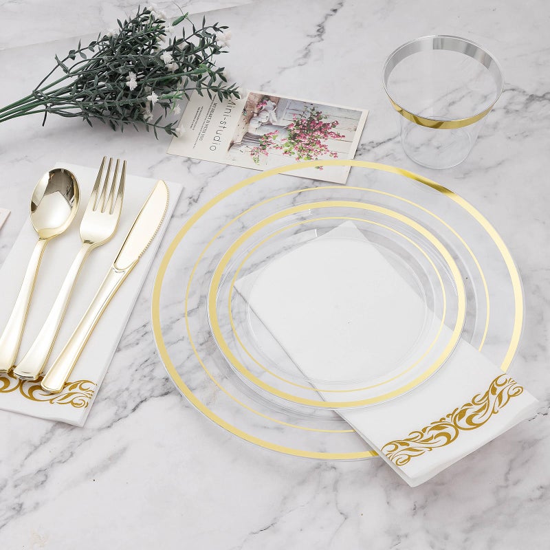 BESTVIP 50PCS Clear Gold Plastic Plate  7 Inch Disposable Dessert Plate Party with Gold Rim  Heavy Duty Disposable Plastic Plates for Party  Wedding and Birthday - Image 1