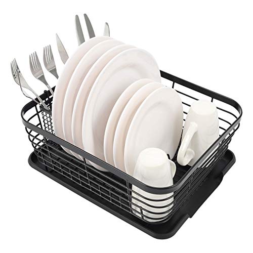 TQVAI Kitchen Dish Drainer Rack with Drying Board and Full-Mesh Silverware Utensils Holder, Black - Image 1