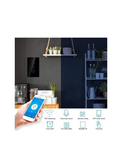 Smart Light Switch, WiFi Touch Screen Switch Single Circle Compatible with Alexa Google, Timing Function, 3-Way AC 100-250V (US)(Black)