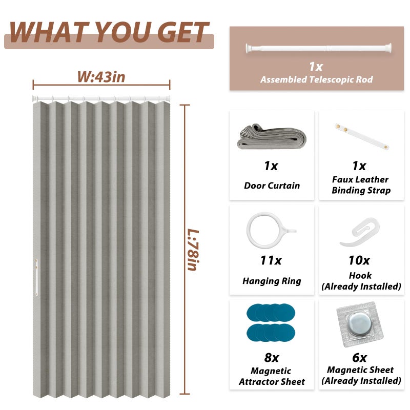 gonnrly Accordion Door Curtain - 100% Light-Blocking Bedroom Door Curtain with Included Rod for Easy Installation, Suitable for Doorway Privacy Grey 43" W x 78" L - Image 2