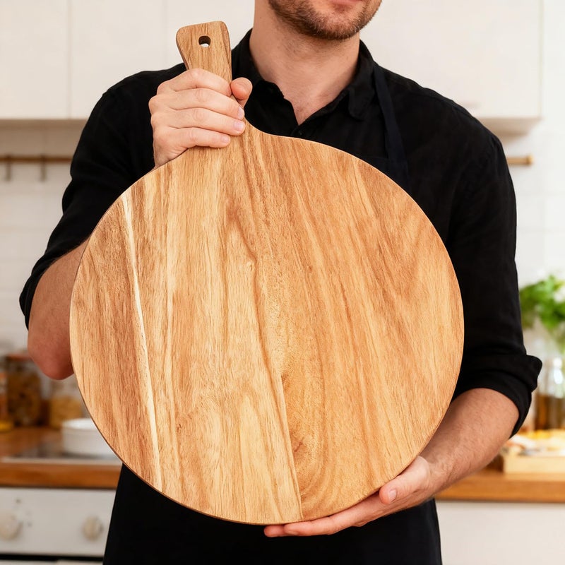 Zeqi Round Acacia Wood Cutting Board with Handle 16''x12'' /Charcuterie Board/Pizza Board/Serving Board for Cheese, Bread, Vegetables & Fruits (Round) - Image 1