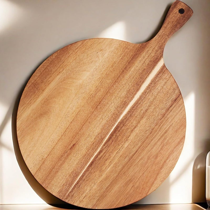 Zeqi Round Acacia Wood Cutting Board with Handle 16''x12'' /Charcuterie Board/Pizza Board/Serving Board for Cheese, Bread, Vegetables & Fruits (Round) - Image 5