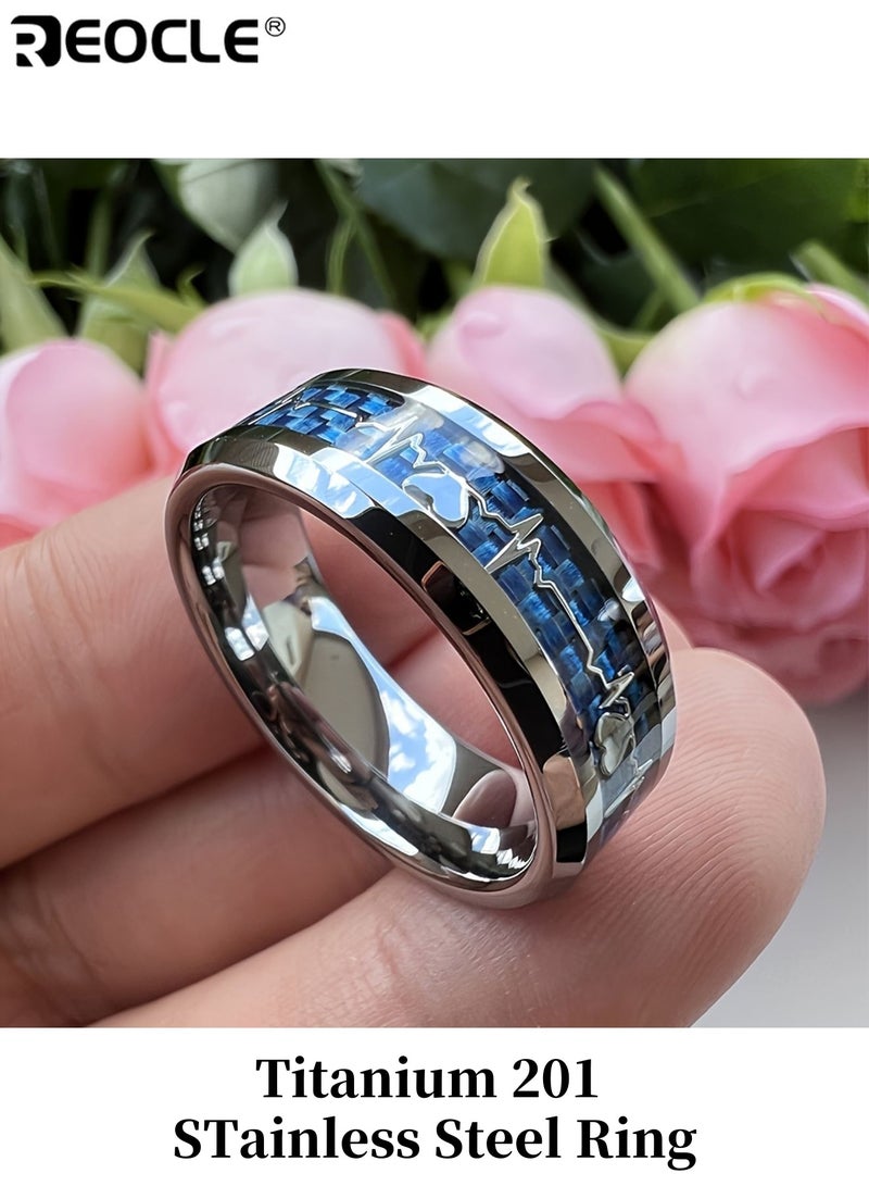 ريوكل خاتم من التيتانيوم والفولاذ المقاوم للصدأ 201 للجنسين مع حشوة ألياف الكربون على شكل نبض القلب، تصميم متين غير مطلي، مريح للارتداء، مناسب كمجوهرات وعد زفاف، ذو طراز عصري، مثالي للارتداء اليومي والحفلات والمناسبات الخاصة، للرجال والنساء والكبار، خواتم للجنسين، خاتم موضة، تصنيع قوي، تشطيب عالي الجودة، مجوهرات للحفلات، مجوهرات أنيقة مقاومة للخدش، مجوهرات مريحة، إكسسوار أنيق مناسب للرجال والنساء - Image 1