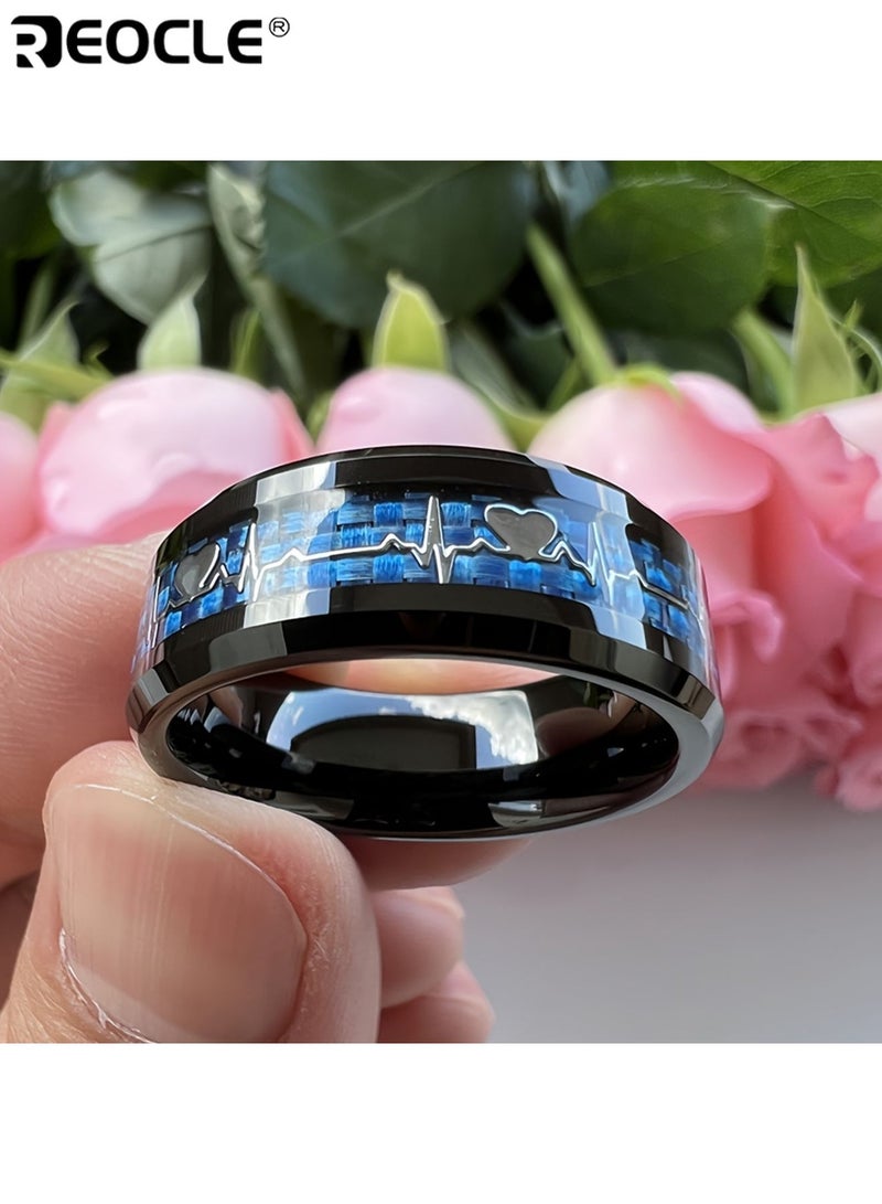 ريوكل خاتم من التيتانيوم والفولاذ المقاوم للصدأ 201 للجنسين مع حشوة ألياف الكربون على شكل نبض القلب، تصميم متين غير مطلي، مريح للارتداء، مناسب كمجوهرات وعد زفاف، ذو طراز عصري، مثالي للارتداء اليومي والحفلات والمناسبات الخاصة، للرجال والنساء والكبار، خواتم للجنسين، خاتم موضة، تصنيع قوي، تشطيب عالي الجودة، مجوهرات للحفلات، مجوهرات أنيقة مقاومة للخدش، مجوهرات مريحة، إكسسوار أنيق مناسب للرجال والنساء - Image 2