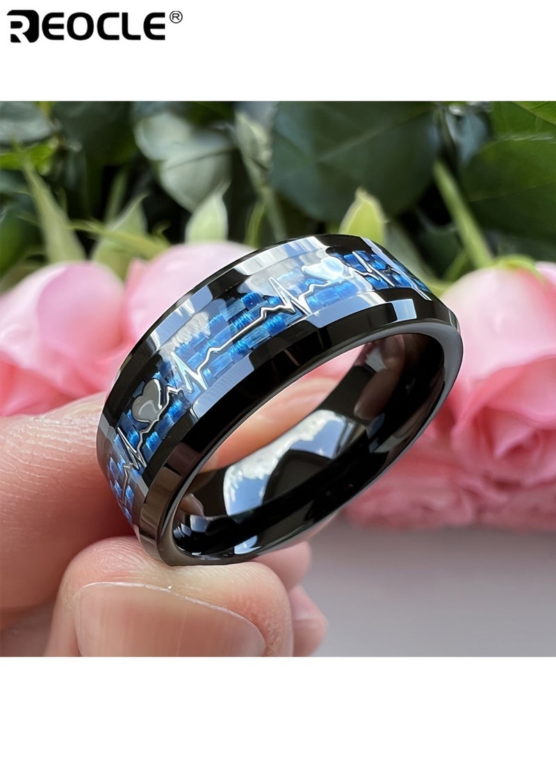 ريوكل خاتم من التيتانيوم والفولاذ المقاوم للصدأ 201 للجنسين مع حشوة ألياف الكربون على شكل نبض القلب، تصميم متين غير مطلي، مريح للارتداء، مناسب كمجوهرات وعد زفاف، ذو طراز عصري، مثالي للارتداء اليومي والحفلات والمناسبات الخاصة، للرجال والنساء والكبار، خواتم للجنسين، خاتم موضة، تصنيع قوي، تشطيب عالي الجودة، مجوهرات للحفلات، مجوهرات أنيقة مقاومة للخدش، مجوهرات مريحة، إكسسوار أنيق مناسب للرجال والنساء - Image 3