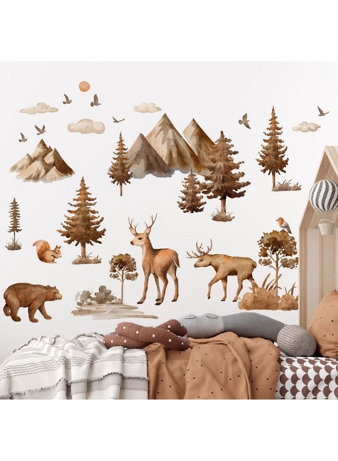 LiveGallery Cartoon Large Forest Pine Tree and Animals Wall Decor Deer Bear Squirrels Bird Silhouette Sticker DIY Peel and Stick Cloud Mountain Wall Decal for Kids Baby Boys Bedroom Living Room Nursery (Brown) - Image 3