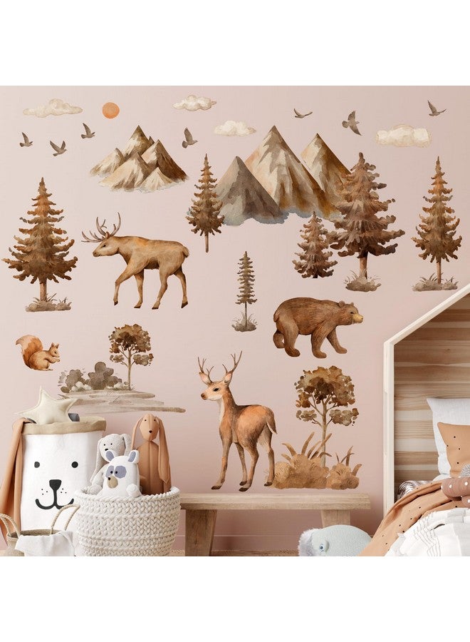 LiveGallery Cartoon Large Forest Pine Tree and Animals Wall Decor Deer Bear Squirrels Bird Silhouette Sticker DIY Peel and Stick Cloud Mountain Wall Decal for Kids Baby Boys Bedroom Living Room Nursery (Brown) - Image 1