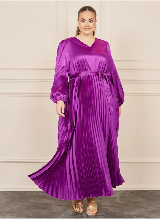ستايلي Styli Plus Satin Pleated Maxi Dress with Self Tie Up