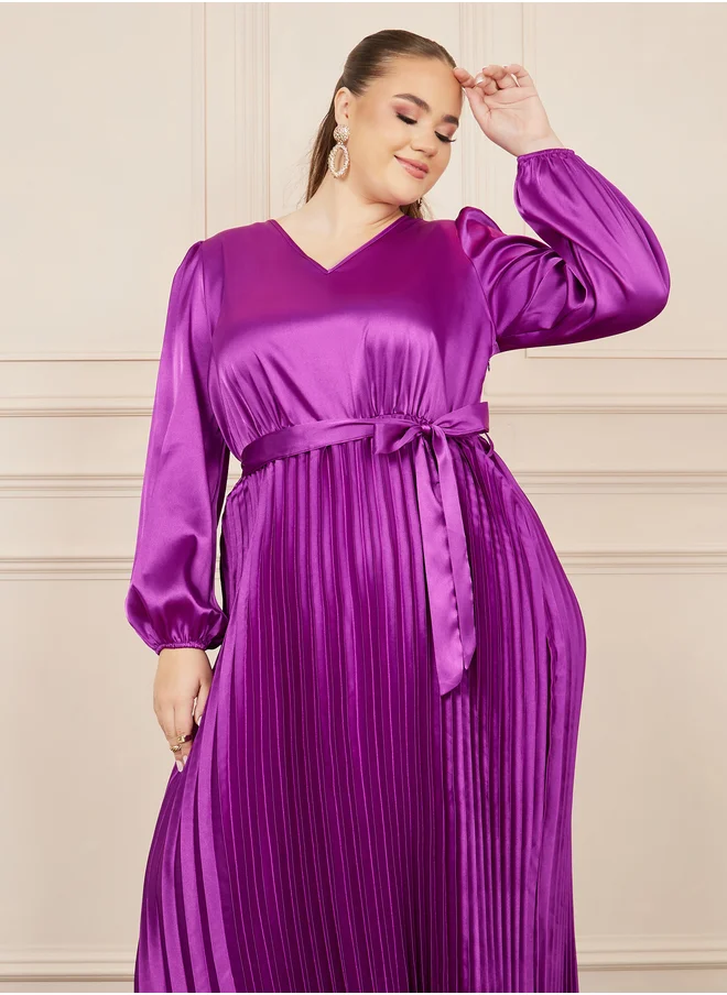 ستايلي Styli Plus Satin Pleated Maxi Dress with Self Tie Up