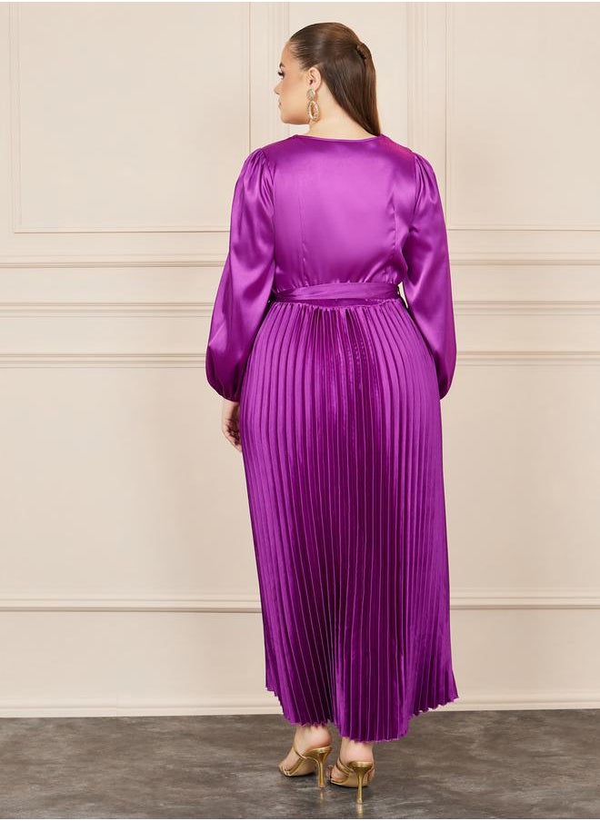 Styli - Plus Satin Pleated Maxi Dress with Self Tie Up - Image 1