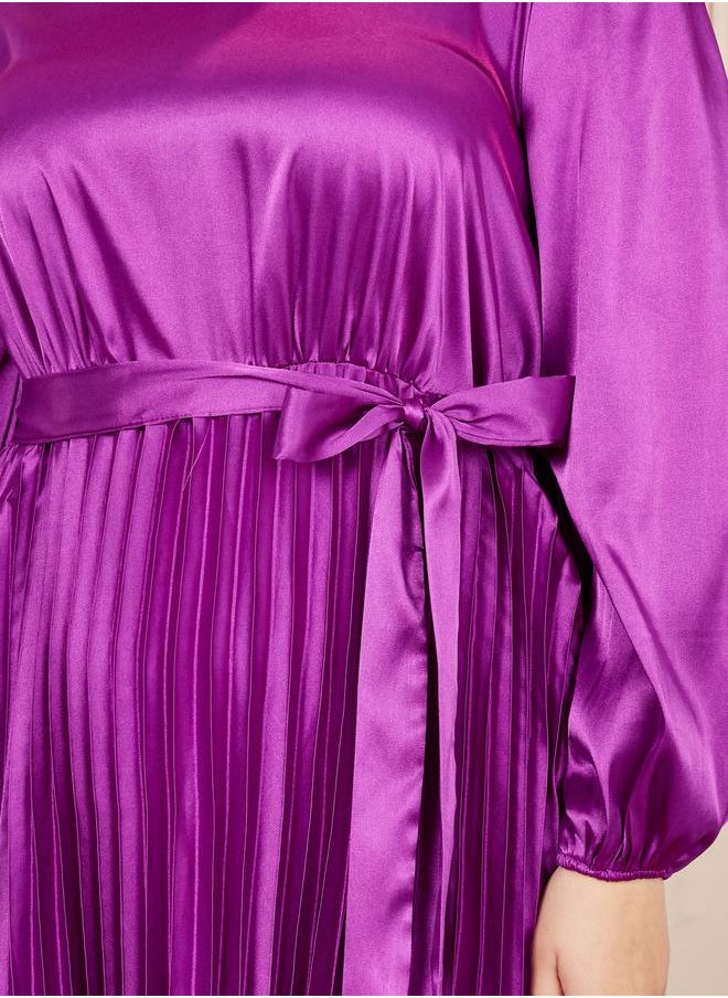 Styli - Plus Satin Pleated Maxi Dress with Self Tie Up - Image 1