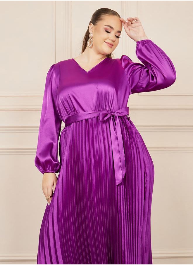 Styli - Plus Satin Pleated Maxi Dress with Self Tie Up - Image 1