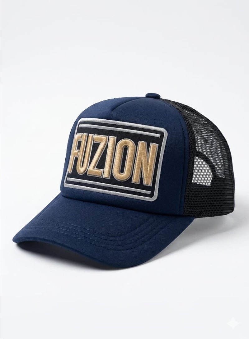 FUZION Navy Blue & Black Mesh Trucker Cap – Bold 3D Embroidered Logo – Adjustable Unisex Fit