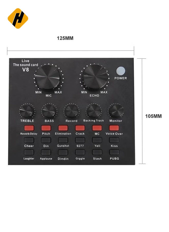 HuHa - V8-Live Sound Card, Audio Mixer USB External Sound Card Headset Microphone Live Sound Card Karaoke for Double Cell Phone Live Computer PC Live Recording Home KTV Voice Chat - Image 1
