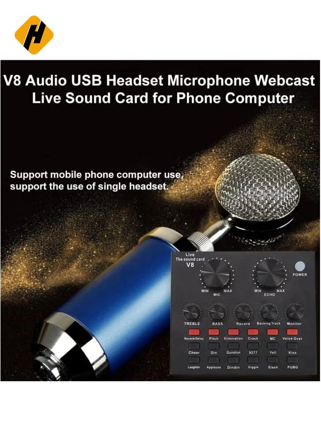 HuHa - V8-Live Sound Card, Audio Mixer USB External Sound Card Headset Microphone Live Sound Card Karaoke for Double Cell Phone Live Computer PC Live Recording Home KTV Voice Chat - Image 1