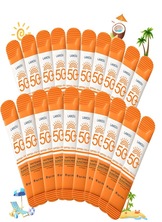 Okerker عبوة من 20 عبوة صغيرة للسفر من واقي الشمس بعامل حماية SPF50+ PA+++ - واقي شمس صغير الحجم للوجه والجسم، خفيف الوزن وغير دهني، مقاوم للماء، مناسب للرياضات الخارجية وهدايا الحفلات، 0.28 أونصة/عبوة - Image 1