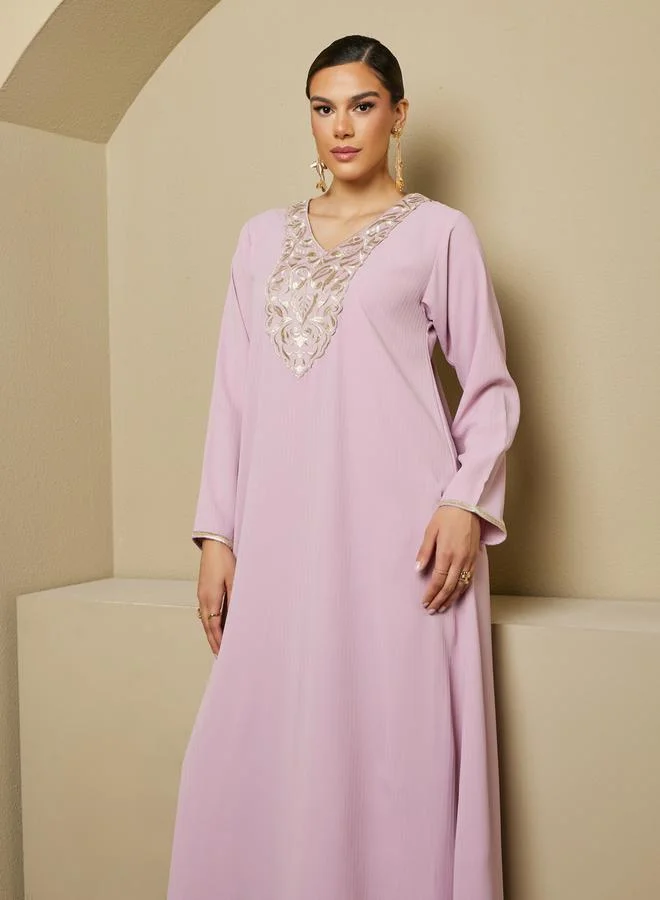 Styli Embroidered V Neck A-Line Jalabiya