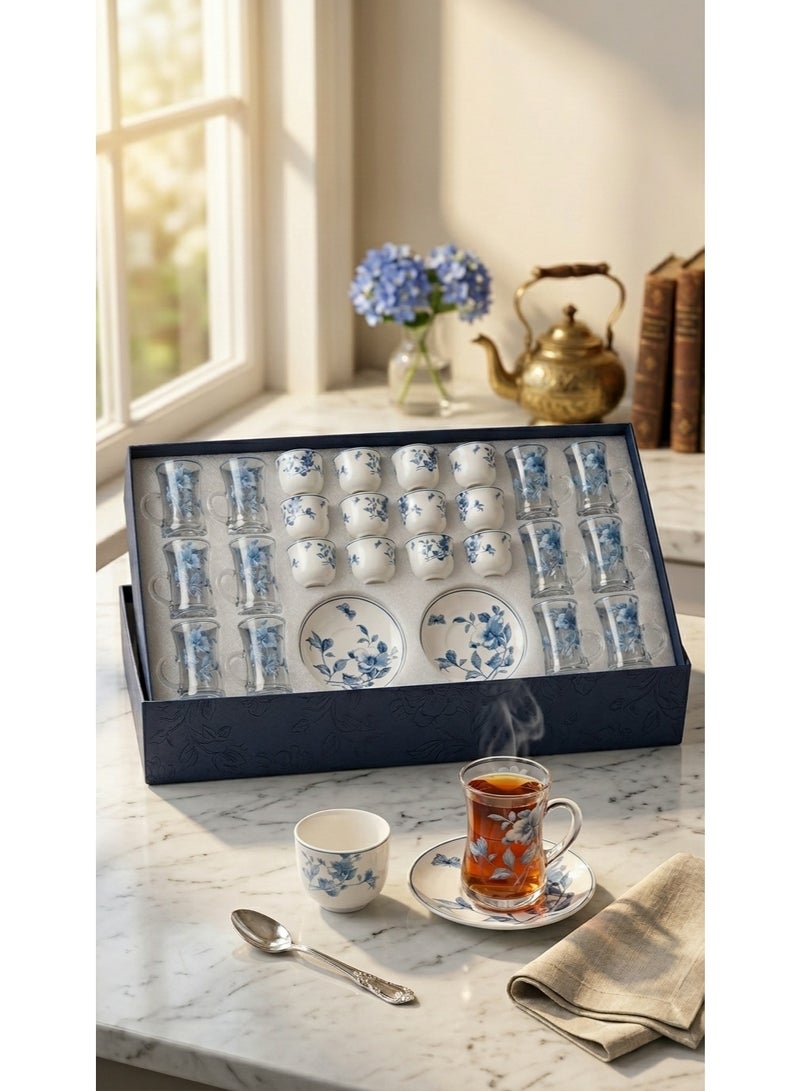 White & Blue Decorative Hospitality Set – Glass Cups, Ceramic Coffee Cups and Plates – 36 Pcs - Image 1
